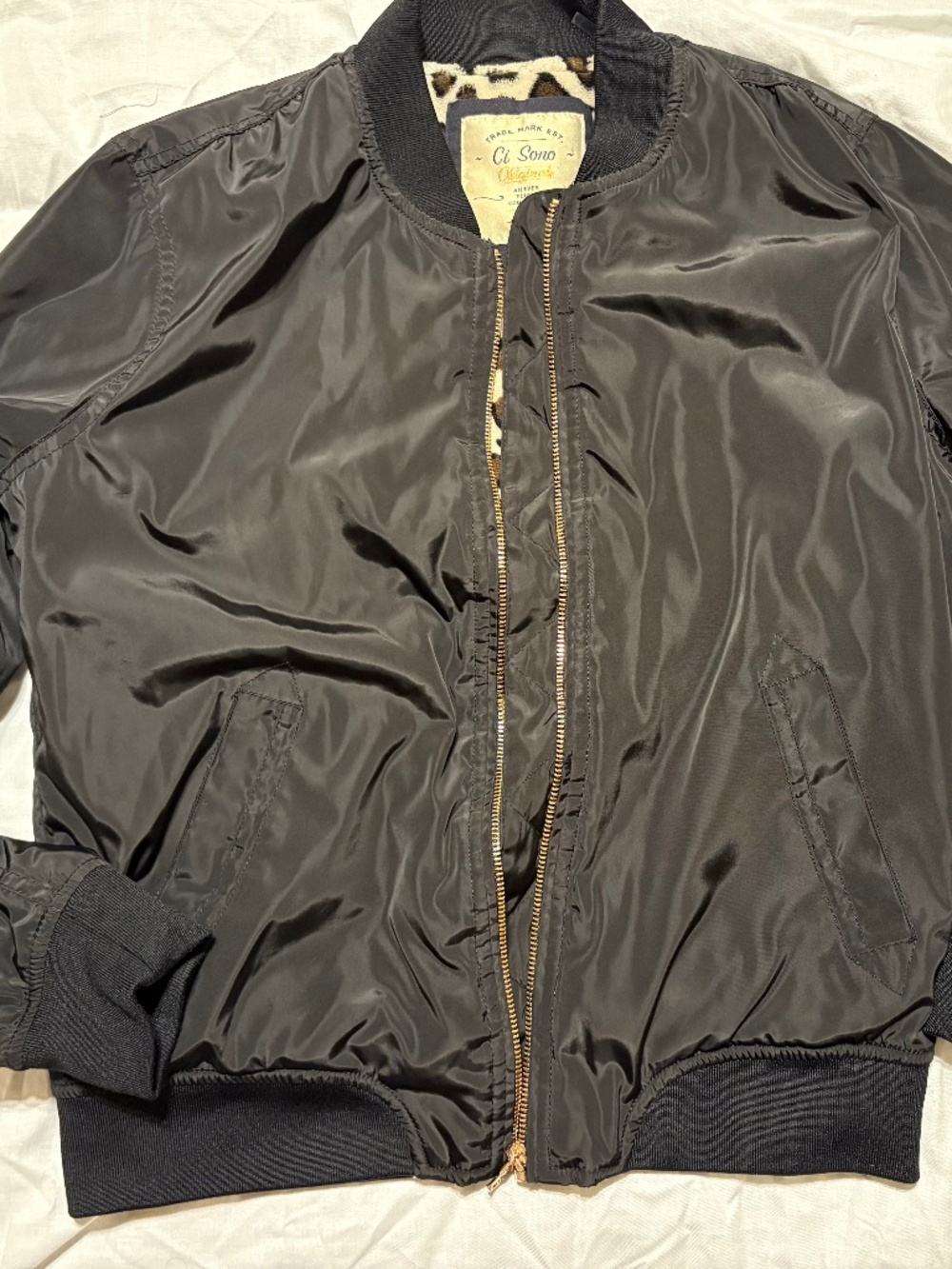 Ci Sono Leopard Fleece Lined Bomber Jacket Black Gold Hardware S